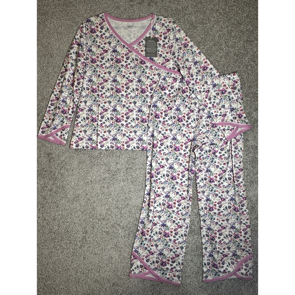 Garnet Hill Green Cotton Floral Pajama Set Women M Wrap Top Pants NWT
